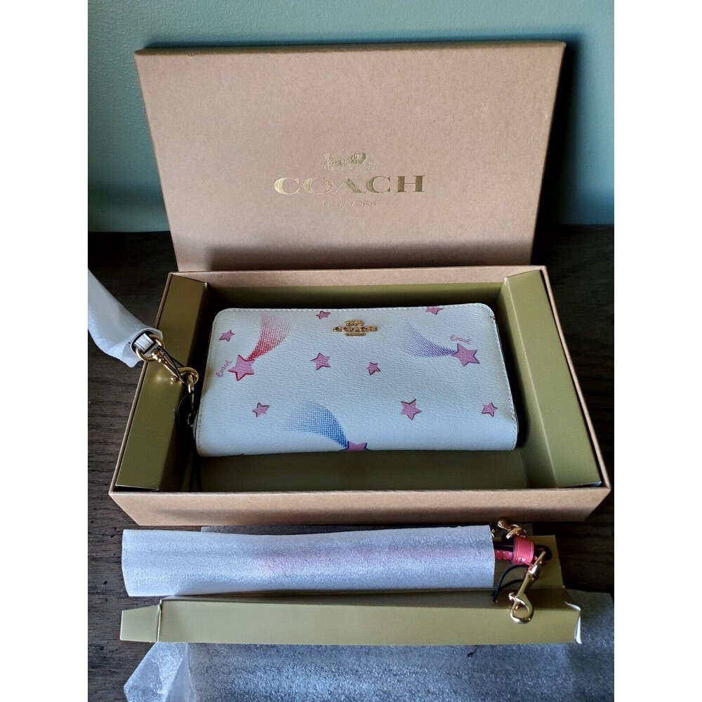 COACH Boxed Long Zip Around Wallet With Disco Star Print Chalk Multi C7351 NWT